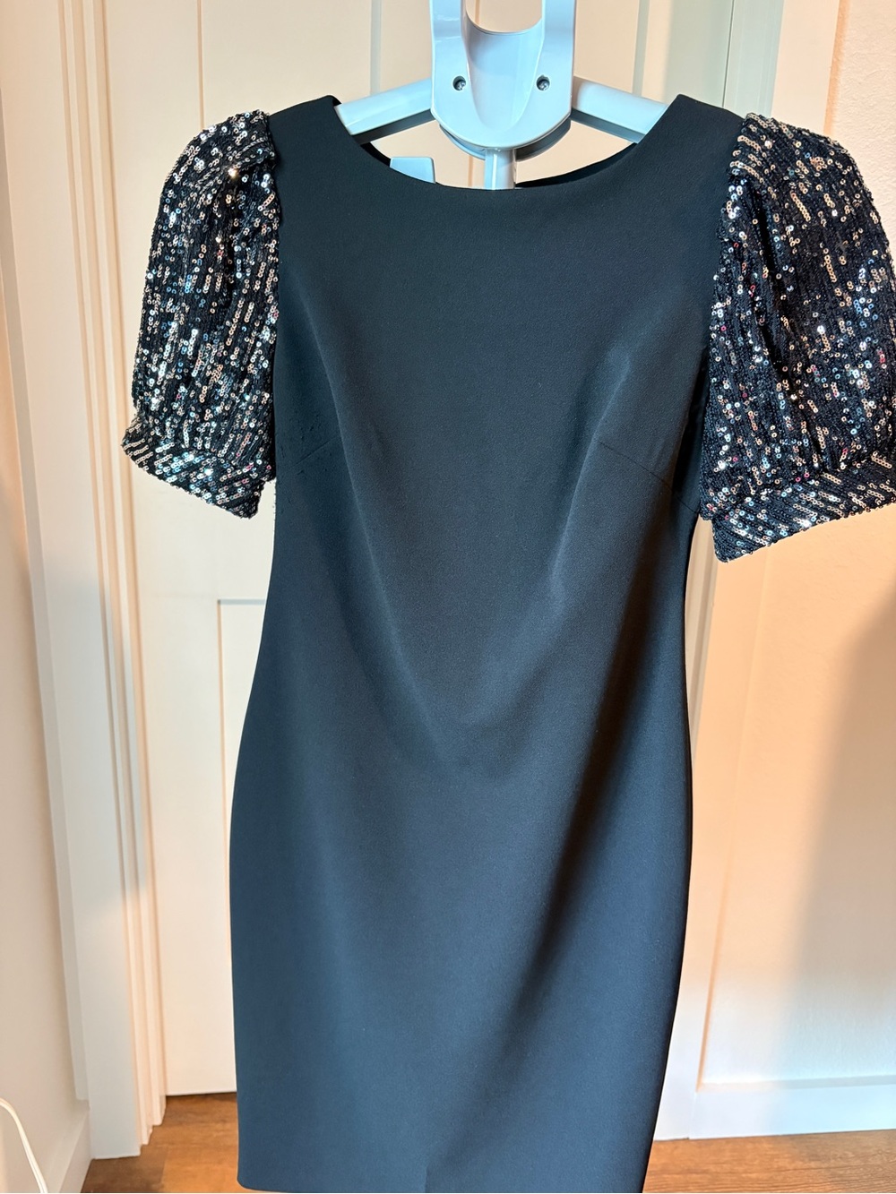Calvin Klein Black Sheath Dress with Sequined Puff Sleeves